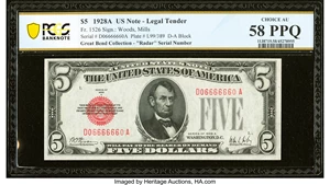 image for: Super Radar 06666660 Fr. 1526 $5 1928A Legal Tender Note. PCGS Banknote Choice AU 58 PPQ....