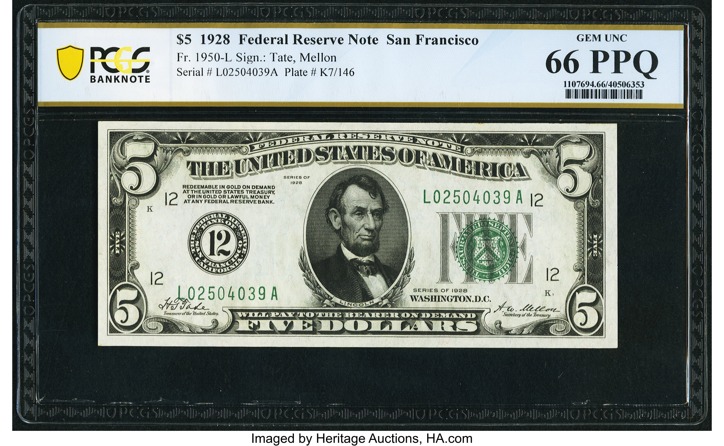 image for: Fr. 1950-L $5 1928 Federal Reserve Note. PCGS Banknote Gem Unc 66 PPQ....
