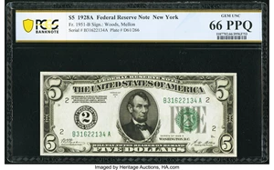 image for: Fr. 1951-B $5 1928A Federal Reserve Note. PCGS Banknote Gem Unc 66 PPQ....