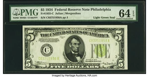 image for: Fr. 1955-C $5 1934 Federal Reserve Note. PMG Choice Uncirculated 64 EPQ....
