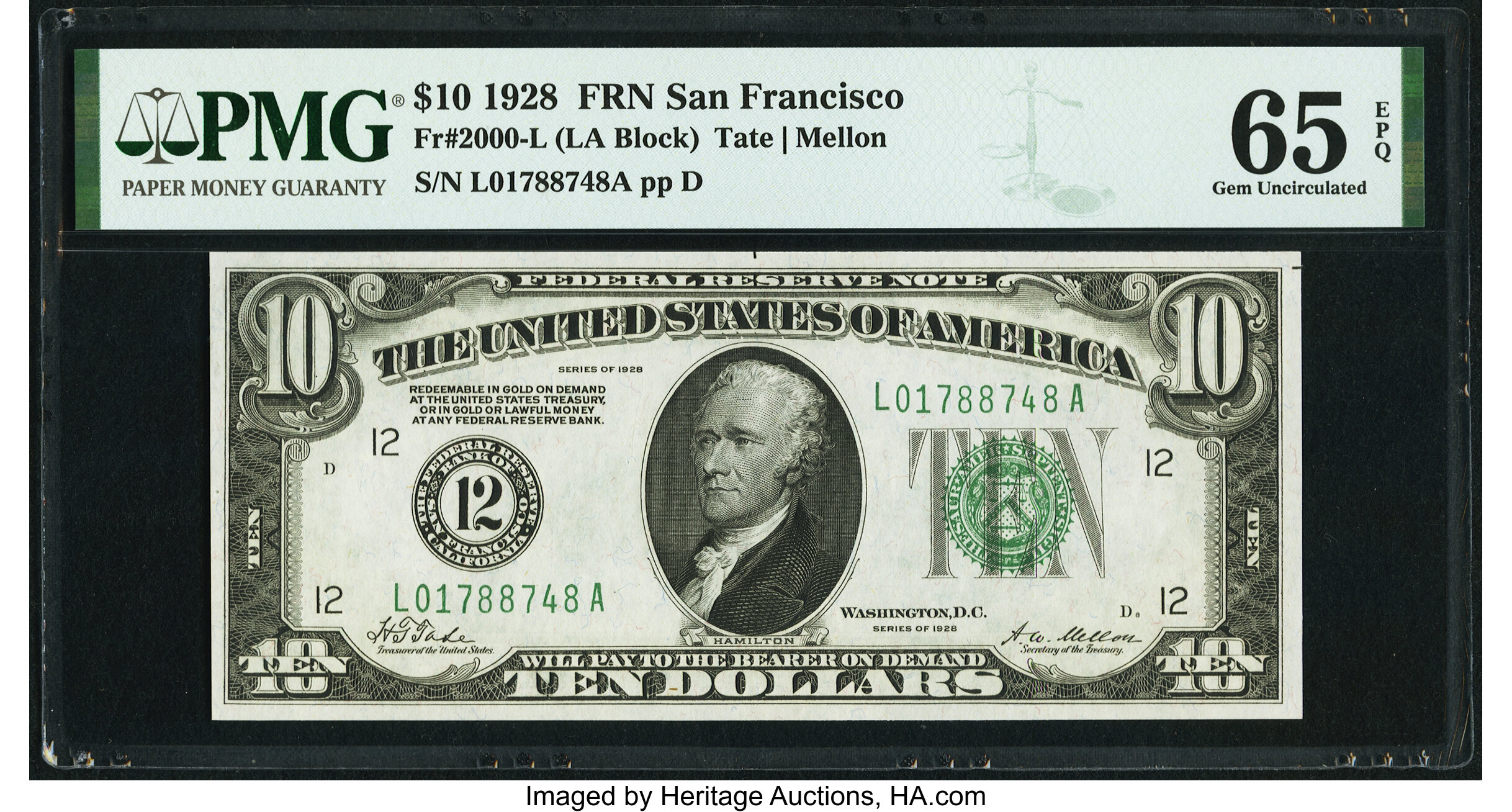 image for: Fr. 2000-L $10 1928 Federal Reserve Note. PMG Gem Uncirculated 65 EPQ....