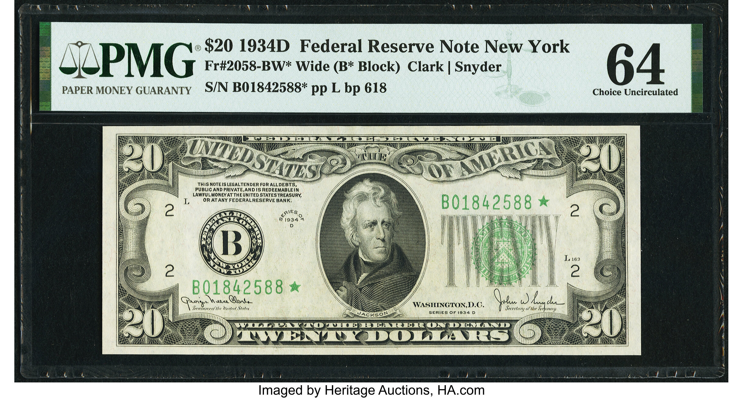 image for: Fr. 2058-B* $20 1934D Wide Federal Reserve Star Note. PMG Choice Uncirculated 64....