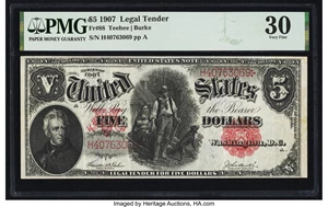 image for: Fr. 88 $5 1907 Legal Tender PMG Very Fine 30....