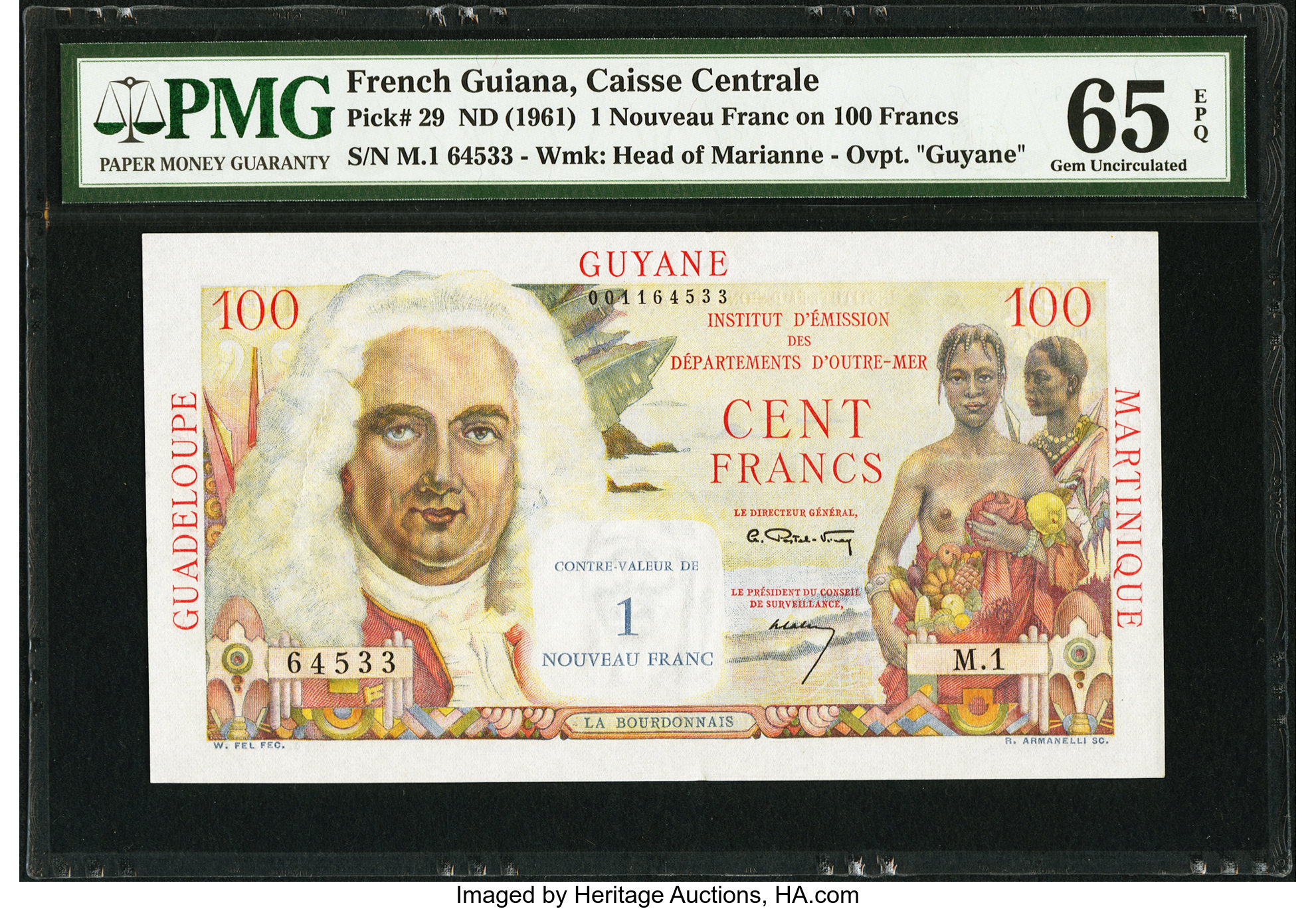image for: French Guiana  1 nouveau franc on 100 francs(B413as)