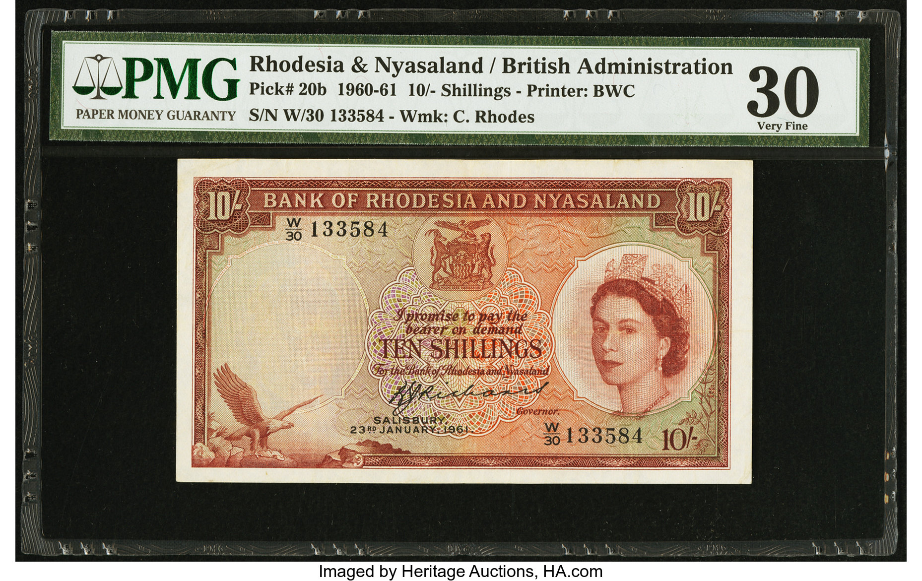 image for: Rhodesia and Nyasaland  10 shillings(B101b32s)