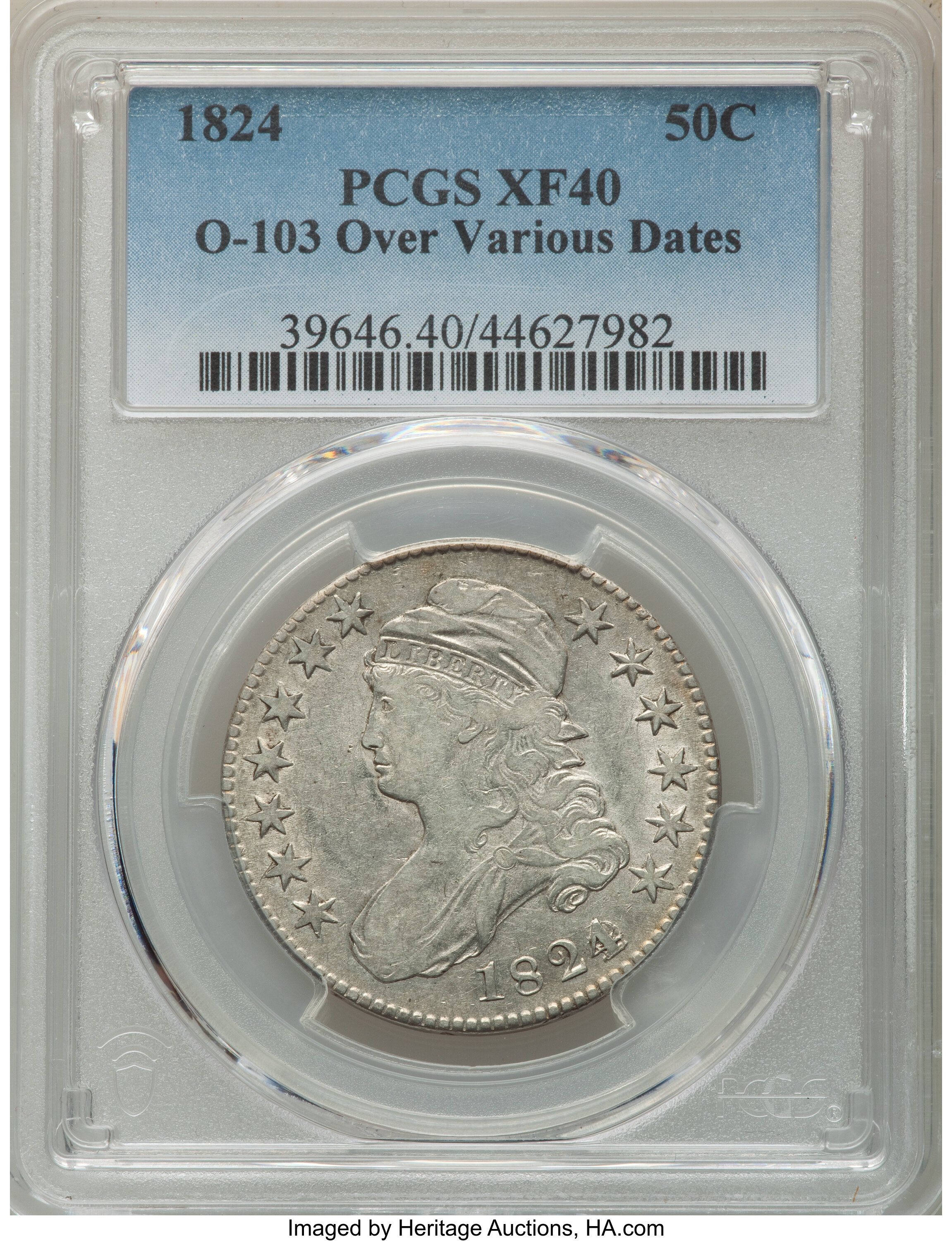 image for: 1824 50C Over Various Dates, O-103, R.1, XF40 PCGS. PCGS Population: (7/21). NGC Census: (8/49). CDN: $375 Whsle. Bid for N...