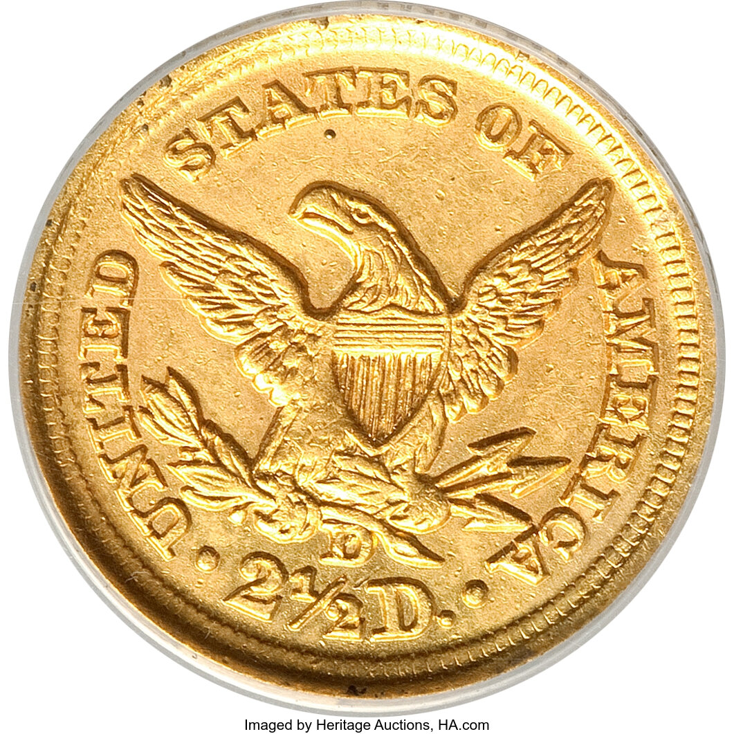 image for: 1853-D $2 1/2 -- Mounts Removed, Repaired, Whizzed -- ANACS. AU50 Details.  Mintage 3,178....