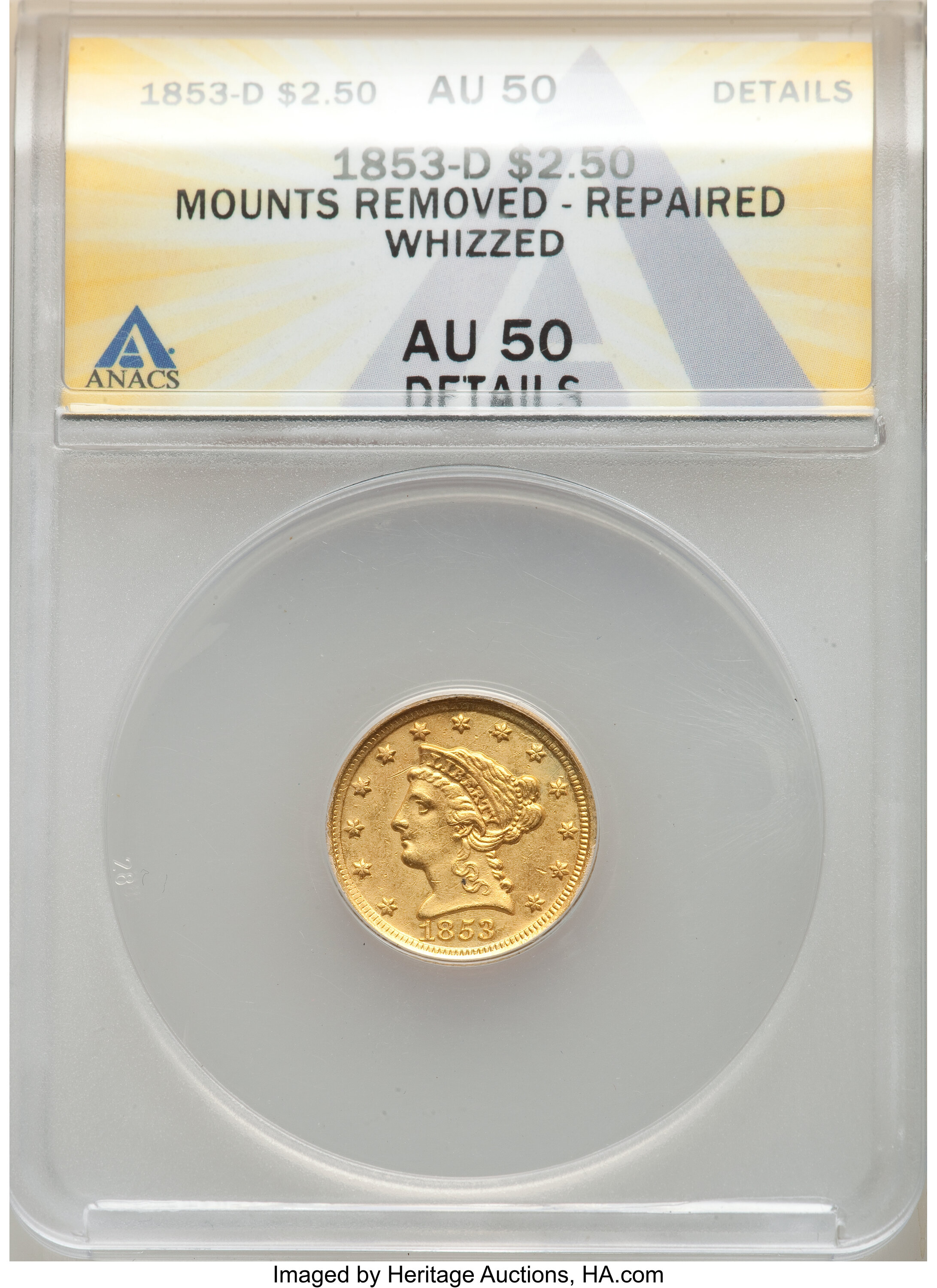image for: 1853-D $2 1/2 -- Mounts Removed, Repaired, Whizzed -- ANACS. AU50 Details.  Mintage 3,178....