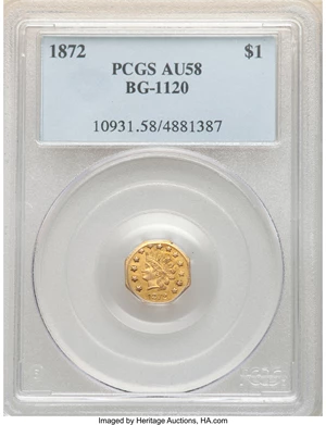 image for: 1872 $1 Indian Octagonal 1 Dollar, BG-1120, Low R.5, AU58 PCGS. PCGS Population: (6/38). NGC Census: (0/4). AU58. ...