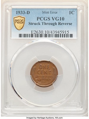 image for: 1933-D 1C Lincoln Cent -- Struck Through Reverse -- VG10 PCGS....
