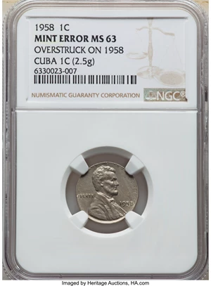 image for: 1958 1C Lincoln Cent -- Overstruck on 1958 Cuba 1C -- MS63 Brown NGC. (2.5 grams)....
