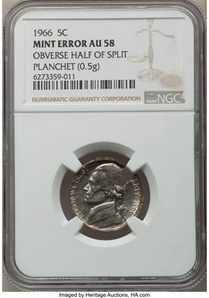 image for: 1966 5C Jefferson Nickel -- Obverse Half of Split Planchet -- AU58 NGC. (0.5 grams)....
