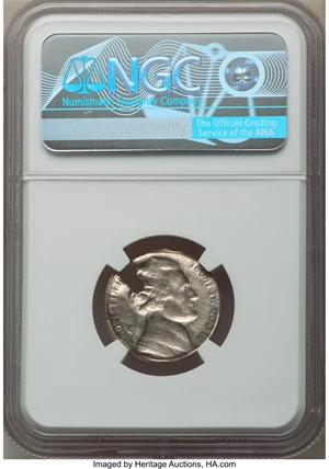 image for: 1966 5C Jefferson Nickel -- Obverse Half of Split Planchet -- AU58 NGC. (0.5 grams)....