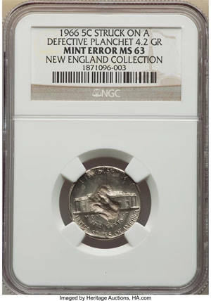 image for: 1966 5C Jefferson Nickel -- Struck on a Defective Planchet -- MS63 NGC. 4.2 grains. Ex: New England Collection....