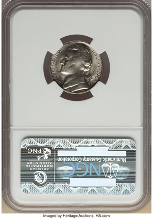 image for: 1966 5C Jefferson Nickel -- Struck on a Defective Planchet -- MS63 NGC. 4.2 grains. Ex: New England Collection....
