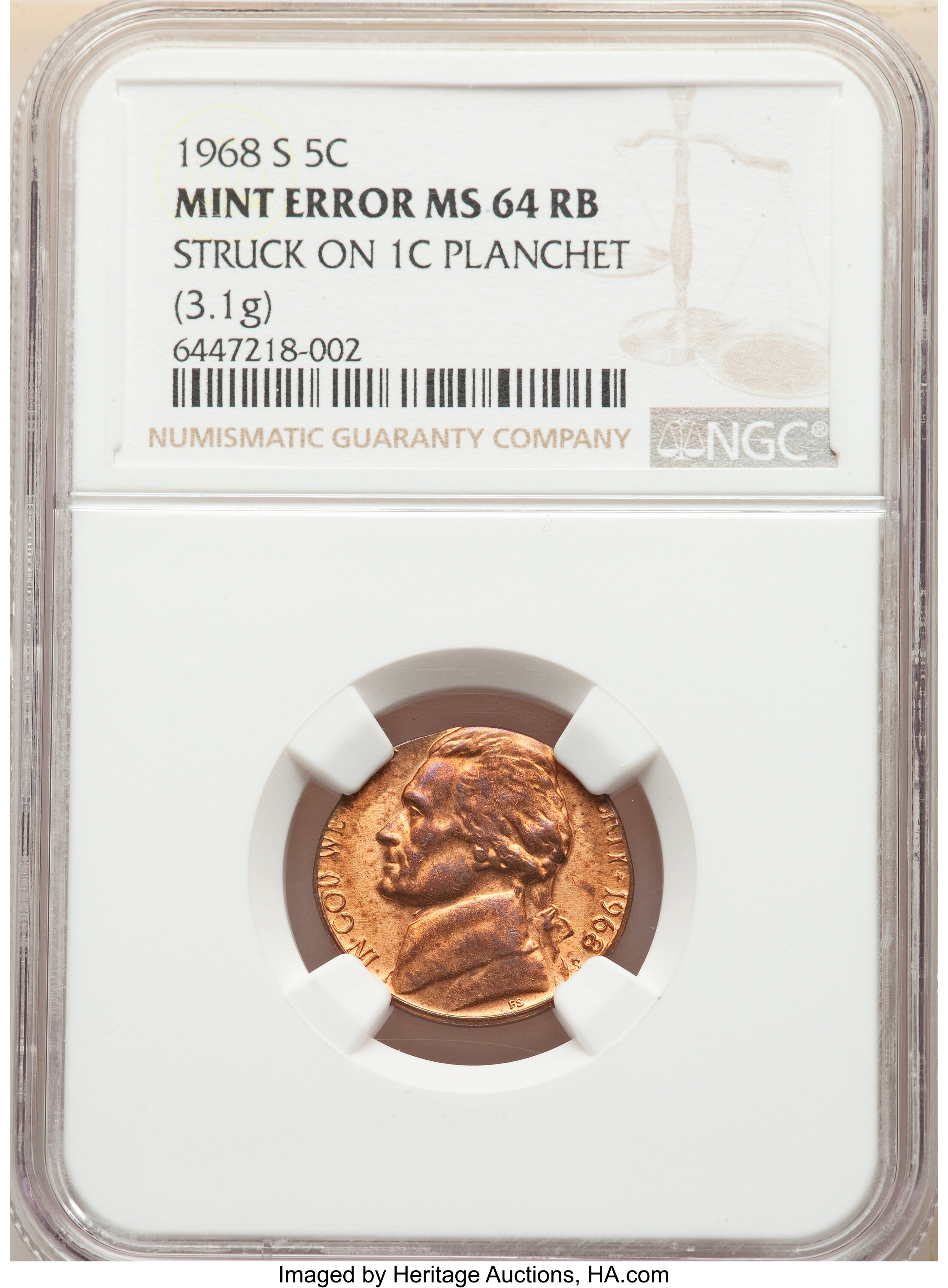 image for: 1968-S 5C Jefferson Nickel -- Struck on 1C Planchet -- MS64 Red and Brown NGC. (3.1 grams)....