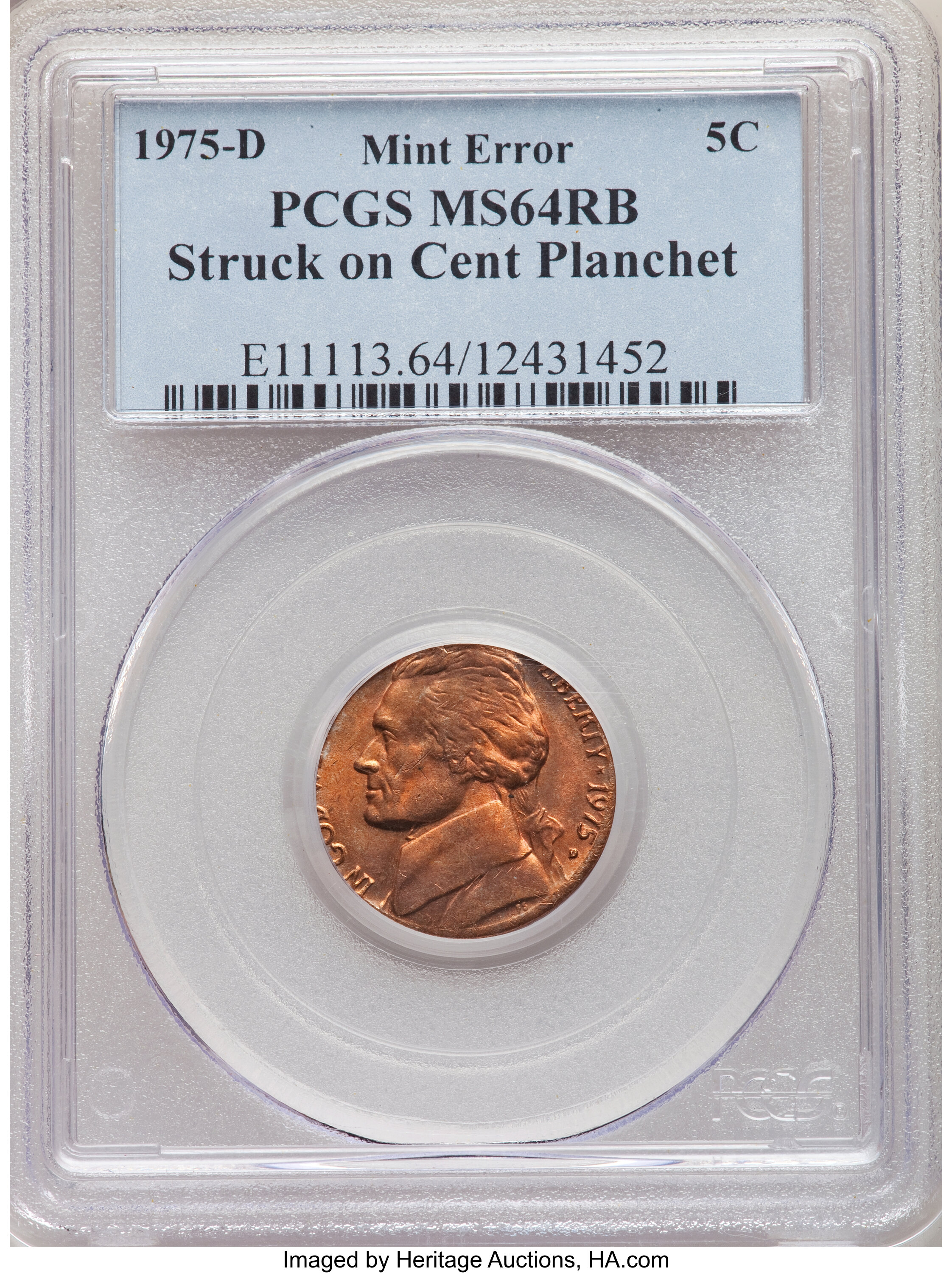 image for: 1975-D 5C Jefferson Nickel -- Struck on Cent Planchet -- MS64 Red and Brown PCGS....