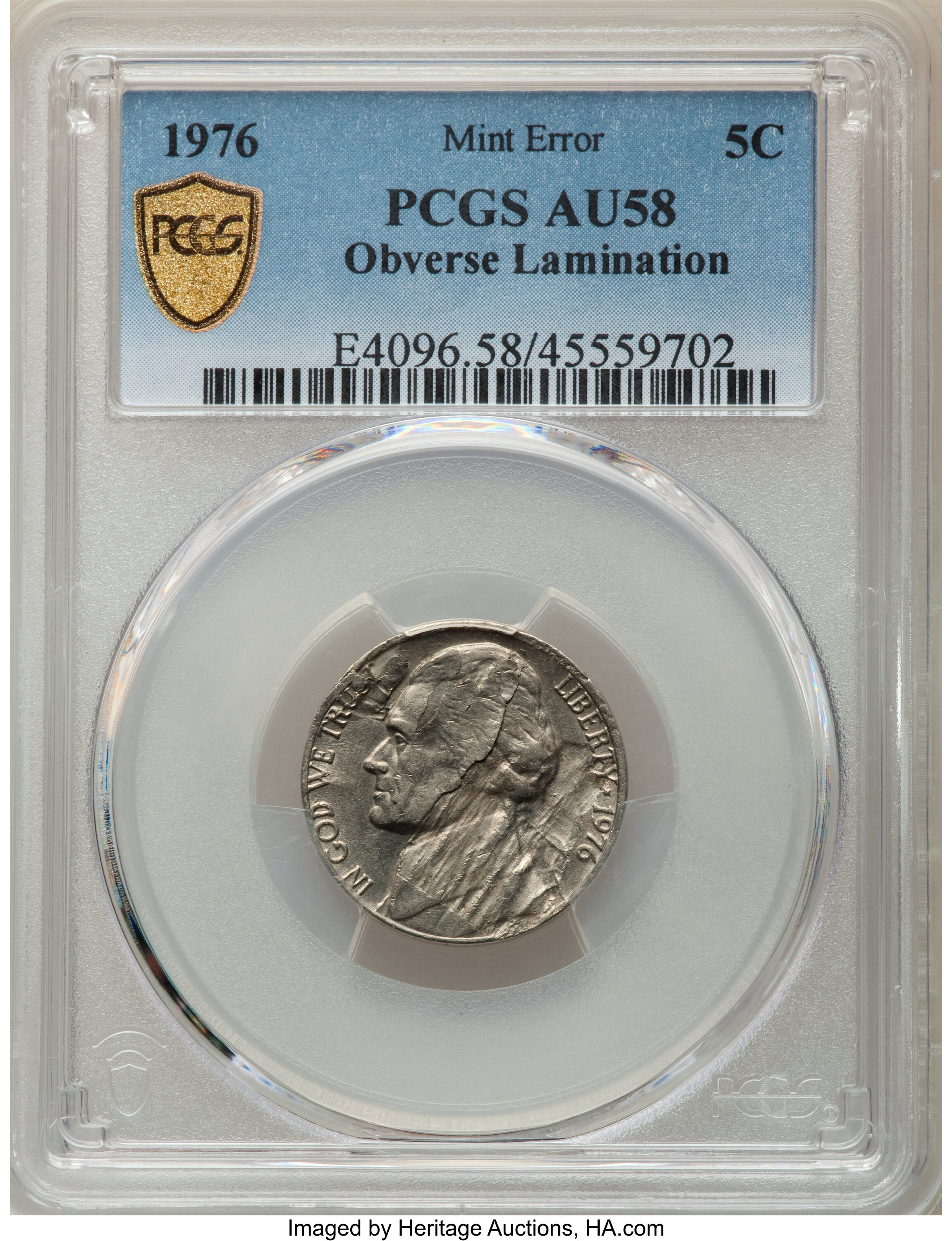 image for: 1976 5C Jefferson Nickel -- Obverse Lamination -- AU58 PCGS....
