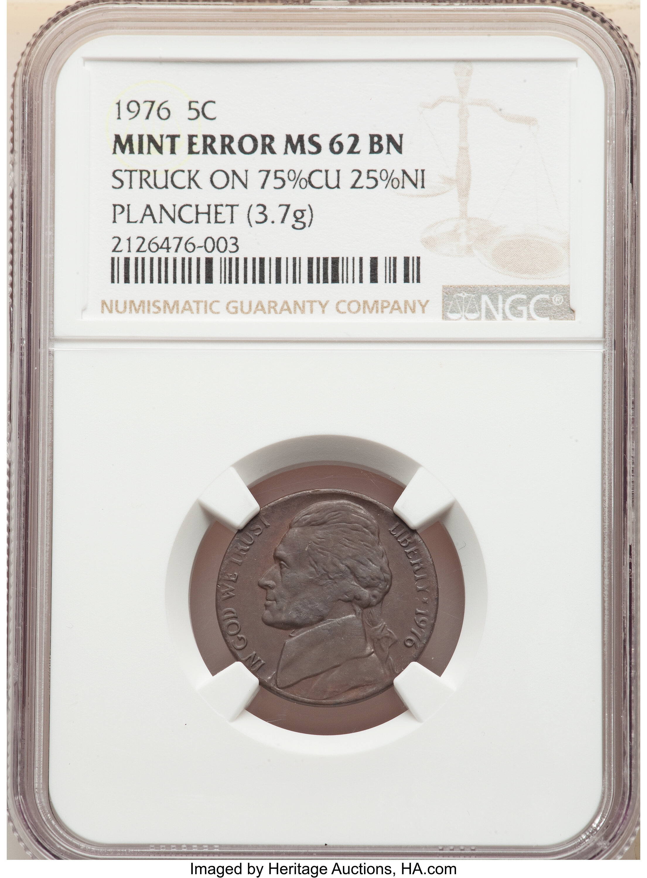image for: 1976 5C Jefferson Nickel -- Struck on 75% Copper 25% Nickel Planchet -- MS62 Brown NGC. (3.7 grams).From The Davi...