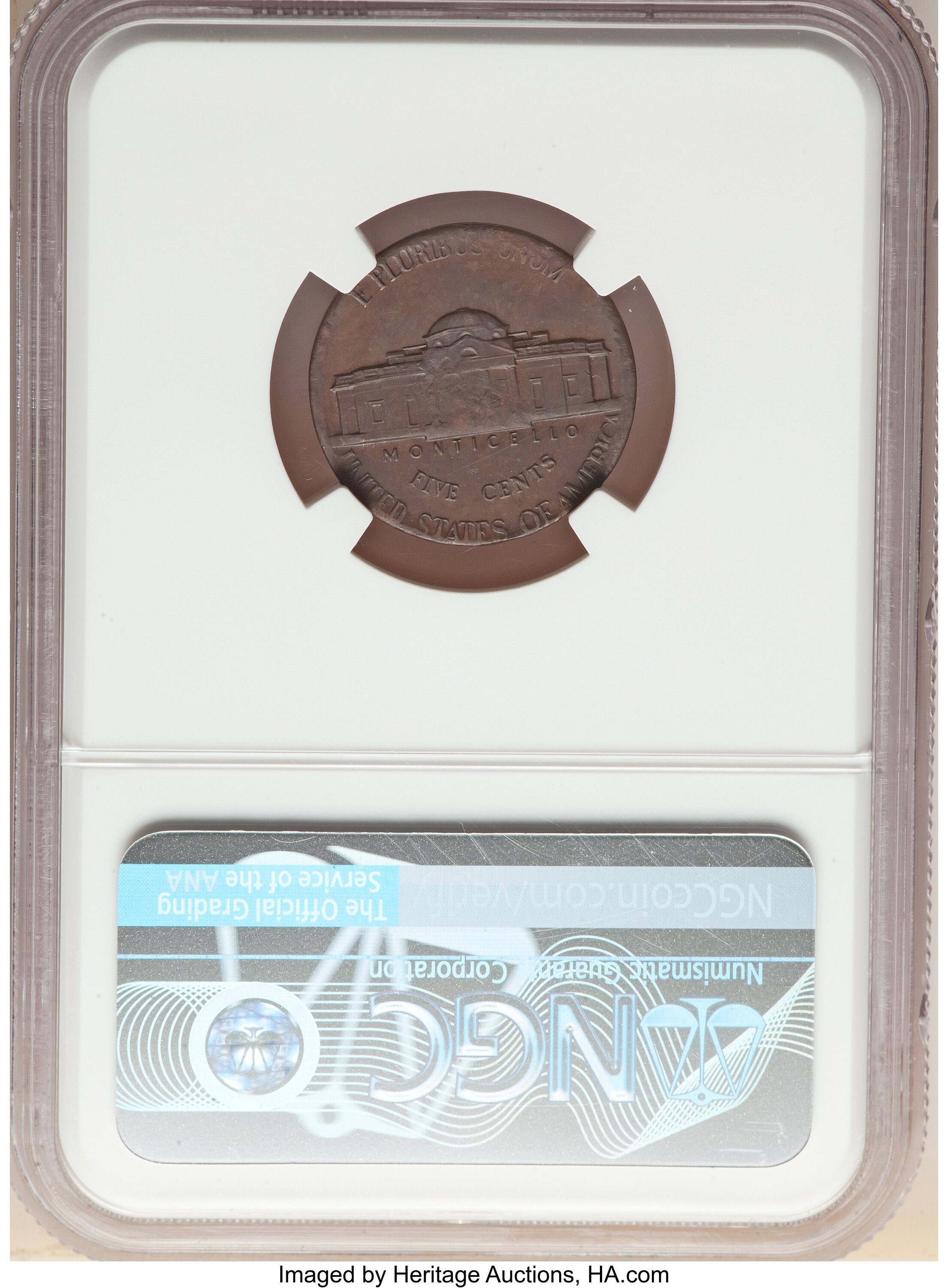 image for: 1976 5C Jefferson Nickel -- Struck on 75% Copper 25% Nickel Planchet -- MS62 Brown NGC. (3.7 grams).From The Davi...