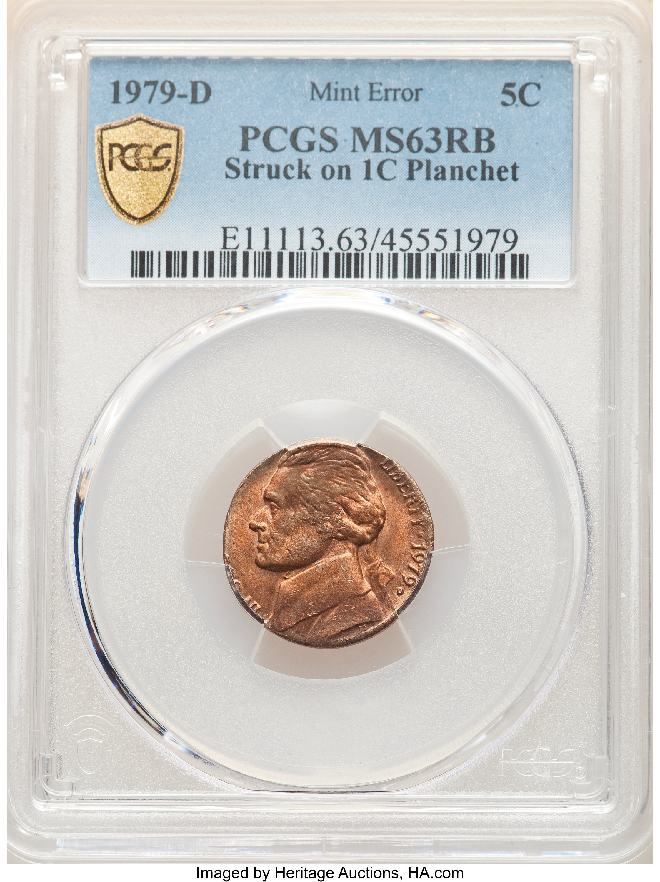 image for: 1979-D 5C Jefferson Nickel -- Struck on Cent Planchet -- MS63 Red and Brown PCGS....