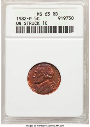 image for: 1982-P 5C Jefferson Nickel -- On Struck 1C -- MS63 Red and Brown ANACS....