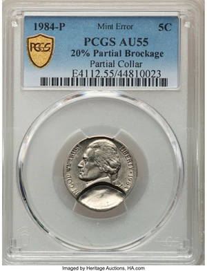 image for: 1984-P 5C Jefferson Nickel -- 20% Partial Brockage, Partial Collar -- AU55 PCGS....