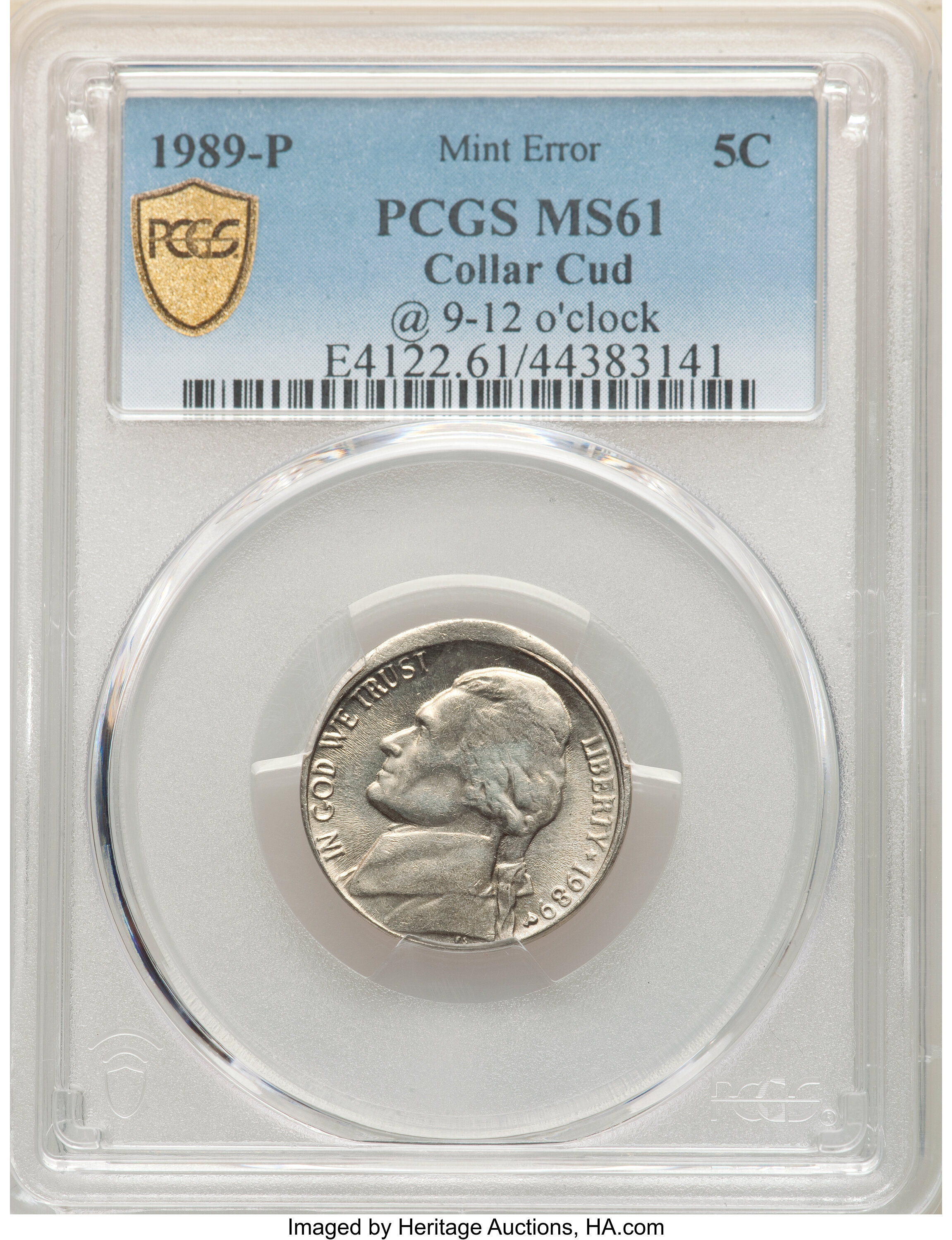 image for: 1989-P 5C Jefferson Nickel -- Collar Cud @9-12 O'Clock -- MS61 PCGS....