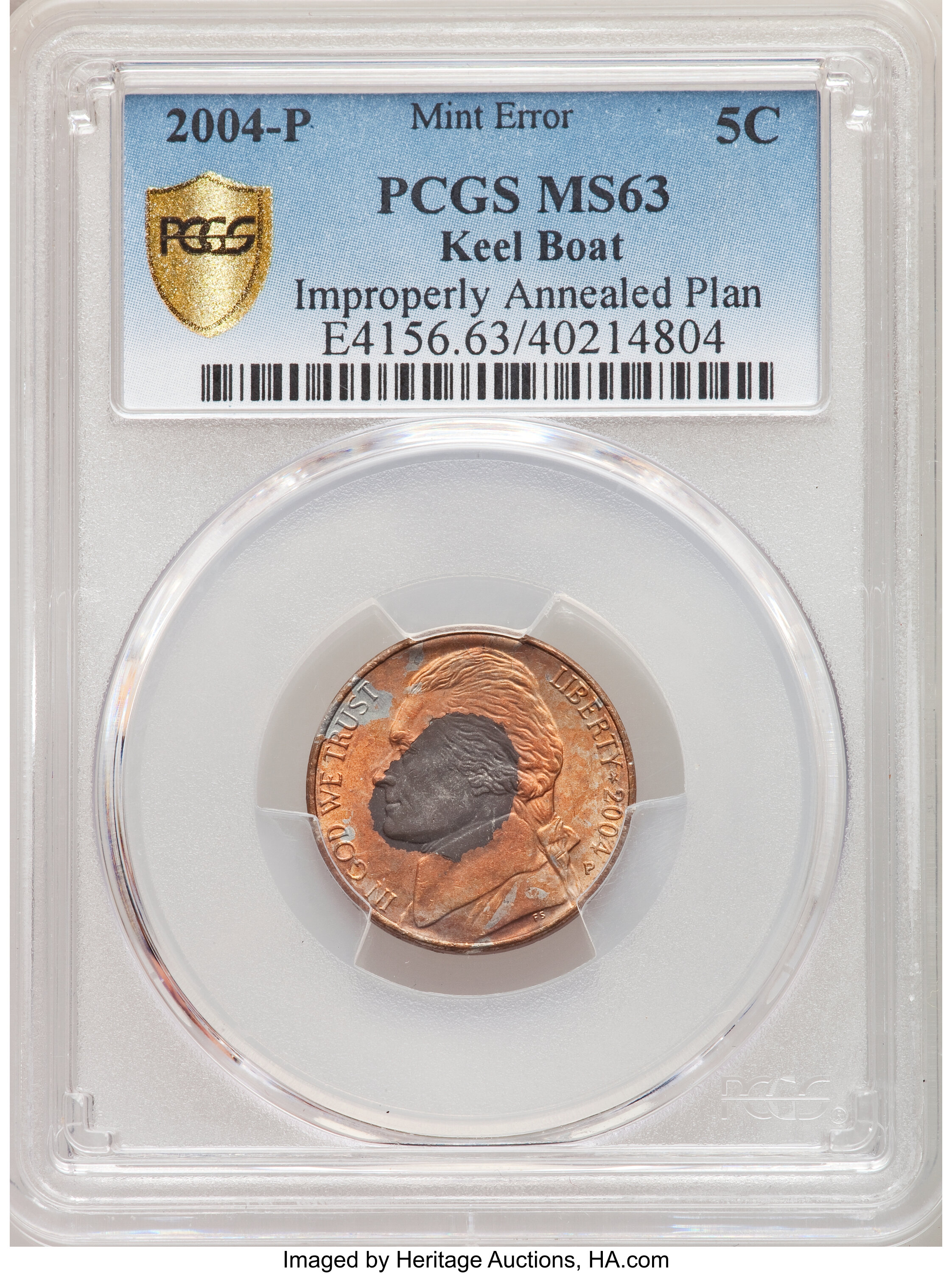 image for: 2004-P 5C Keel Boat Jefferson Nickel -- Improperly Annealed Planchet -- MS63 PCGS....