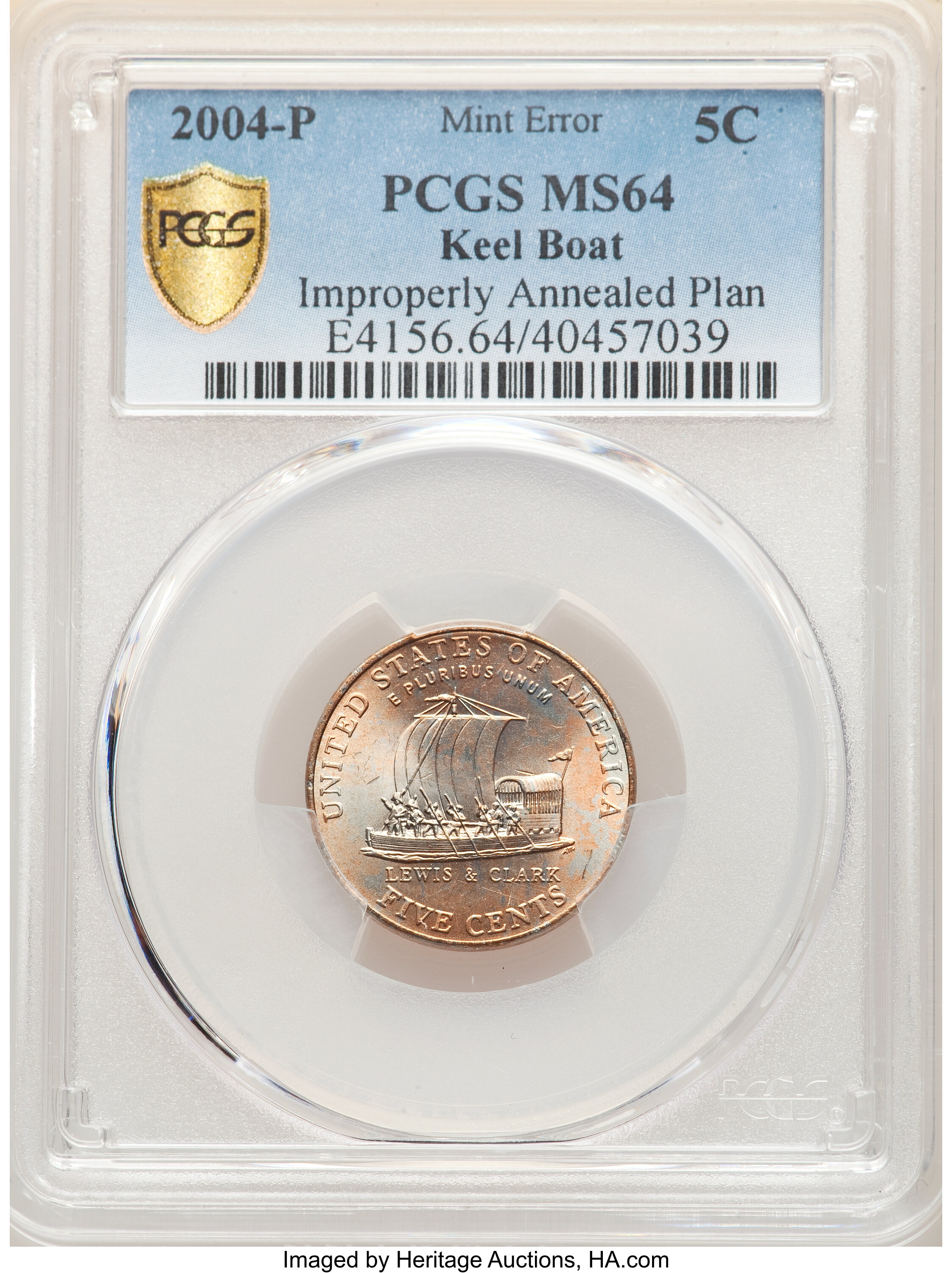 image for: 2004-P 5C Keel Boat Jefferson Nickel -- Improperly Annealed Planchet -- MS64 PCGS....