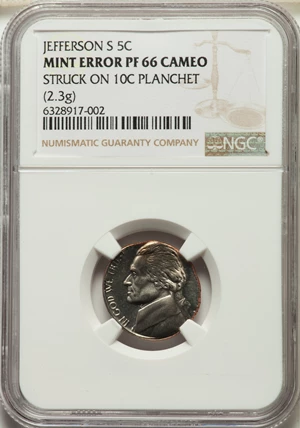 image for: (No Date)-S 5C Jefferson Nickel, Type One Original Design Modern, -- Struck on 10C Planchet -- PR66 Cameo NGC. (2.6 grams)....