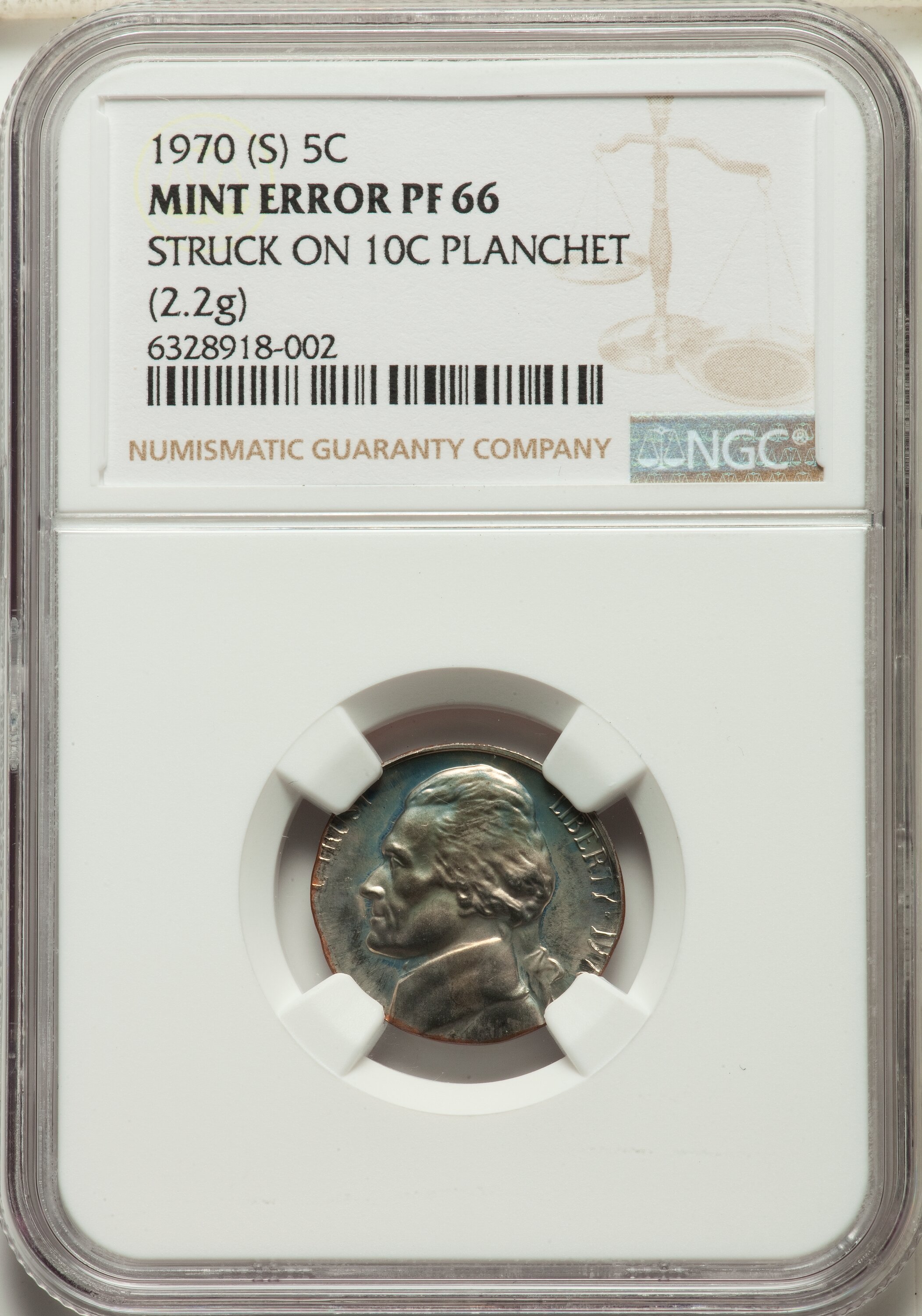 image for: 1970-S 5C Jefferson Nickel -- Struck on 10C Planchet -- PR66 NGC. (2.2 grams). ...