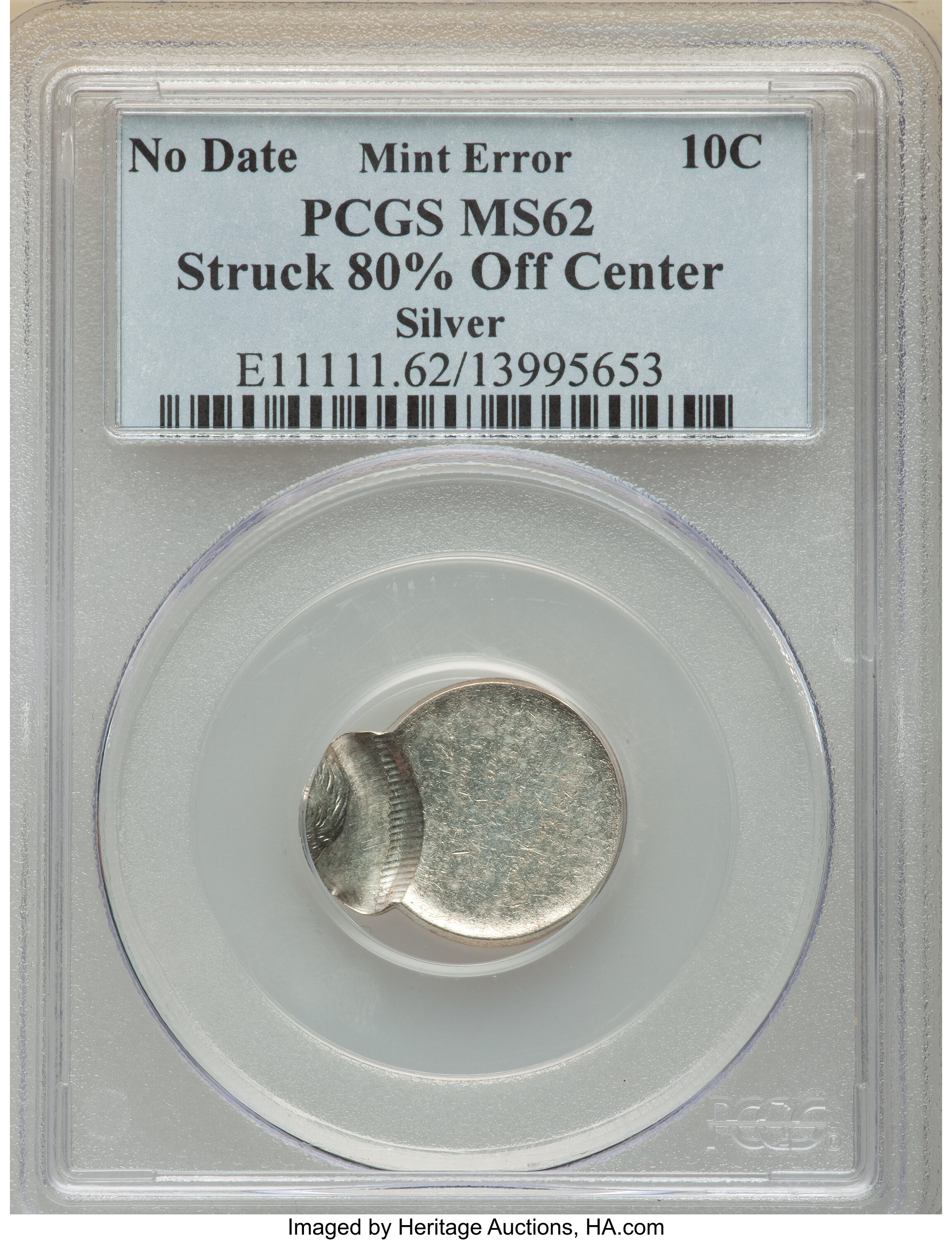 image for: No Date 10C Silver Roosevelt Dime -- Struck 80% Off Center -- MS62 PCGS....