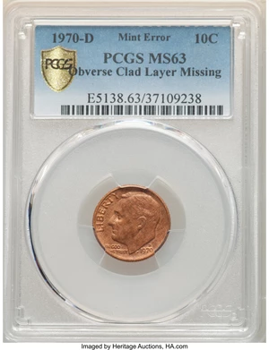 image for: 1970-D 10C Roosevelt Dime -- Obverse Clad Layer Missing -- MS63 PCGS...