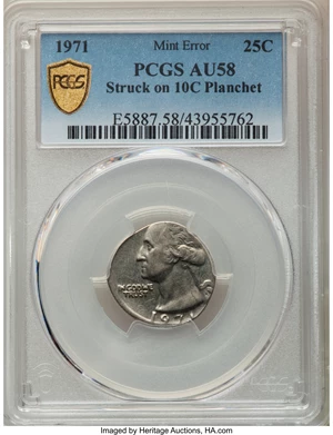 image for: 1971 25C Washington Quarter Dollar -- Struck on 10C Planchet -- AU58 PCGS....