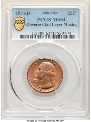 image for: 1971-D 25C Washington Quarter Dollar -- Obverse Clad Layer Missing -- MS64 PCGS....