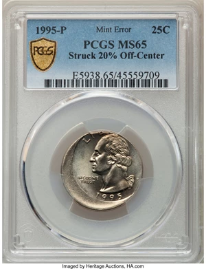 image for: 1995-P 25C Washington Quarter Dollar -- Struck 20% Off Center -- MS65 PCGS....