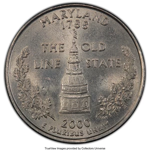 image for: 2000-P 25C Maryland Statehood Quarter -- Obverse Die Chip @ Chin -- MS62 PCGS....