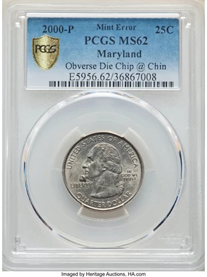 image for: 2000-P 25C Maryland Statehood Quarter -- Obverse Die Chip @ Chin -- MS62 PCGS....