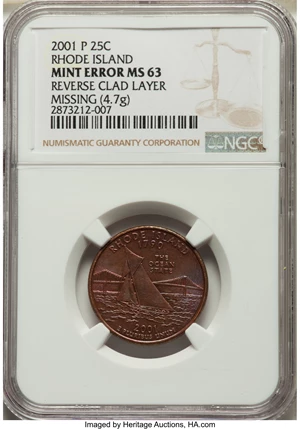 image for: 2001-P 25C Rhode Island Statehood Quarter Dollar -- Reverse Clad Layer Missing -- MS63 NGC. (4.7 grams)....