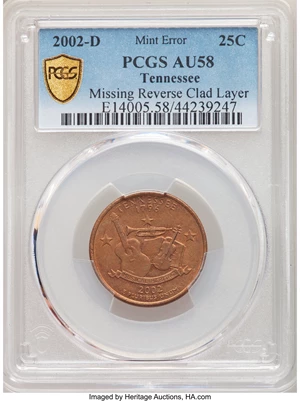 image for: 2002-D 25C Tennessee Statehood Quarter Dollar -- Missing Reverse Clad Layer -- AU58 PCGS....