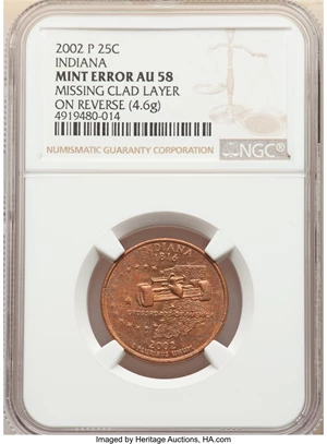 image for: 2002-P 25C Indiana Statehood Quarter Dollar -- Missing Clad Layer on Reverse -- AU58 NGC. (4.6 grams)....