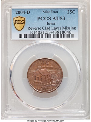 image for: 2004-D 25C Iowa, Statehood Dollar -- Reverse Clad Layer Missing -- AU53 PCGS....