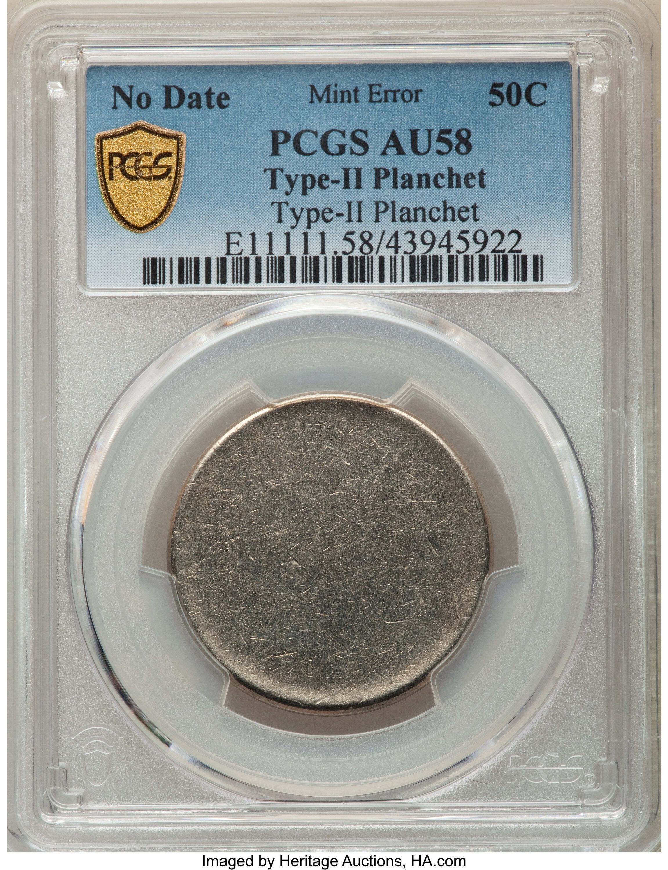 image for: No Date 50C Kennedy Half Dollar -- Type Two Blank Planchet -- AU58 PCGS....
