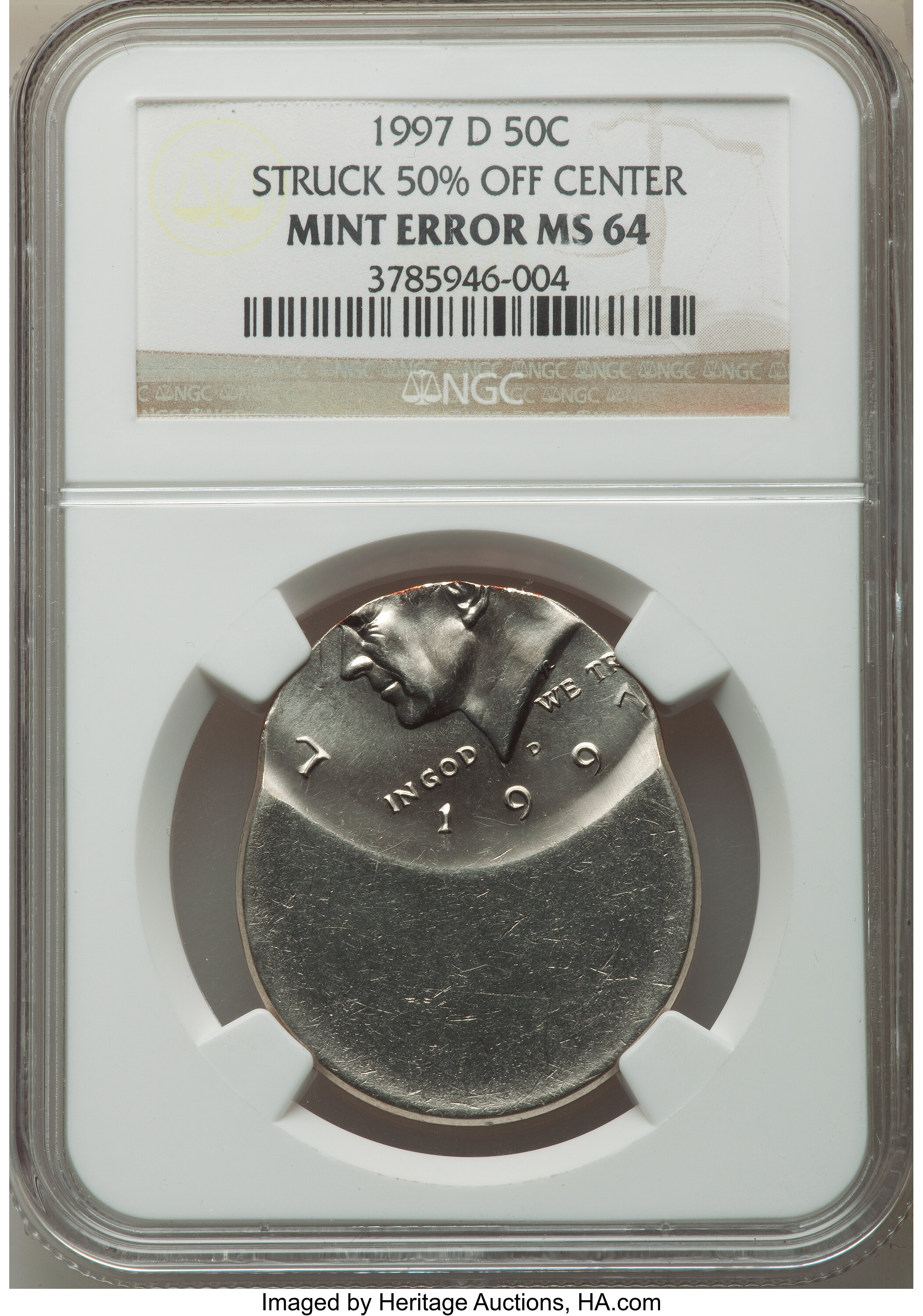 image for: 1997-D 50C Kennedy Half Dollar -- Struck 50% Off Center -- MS64 NGC....