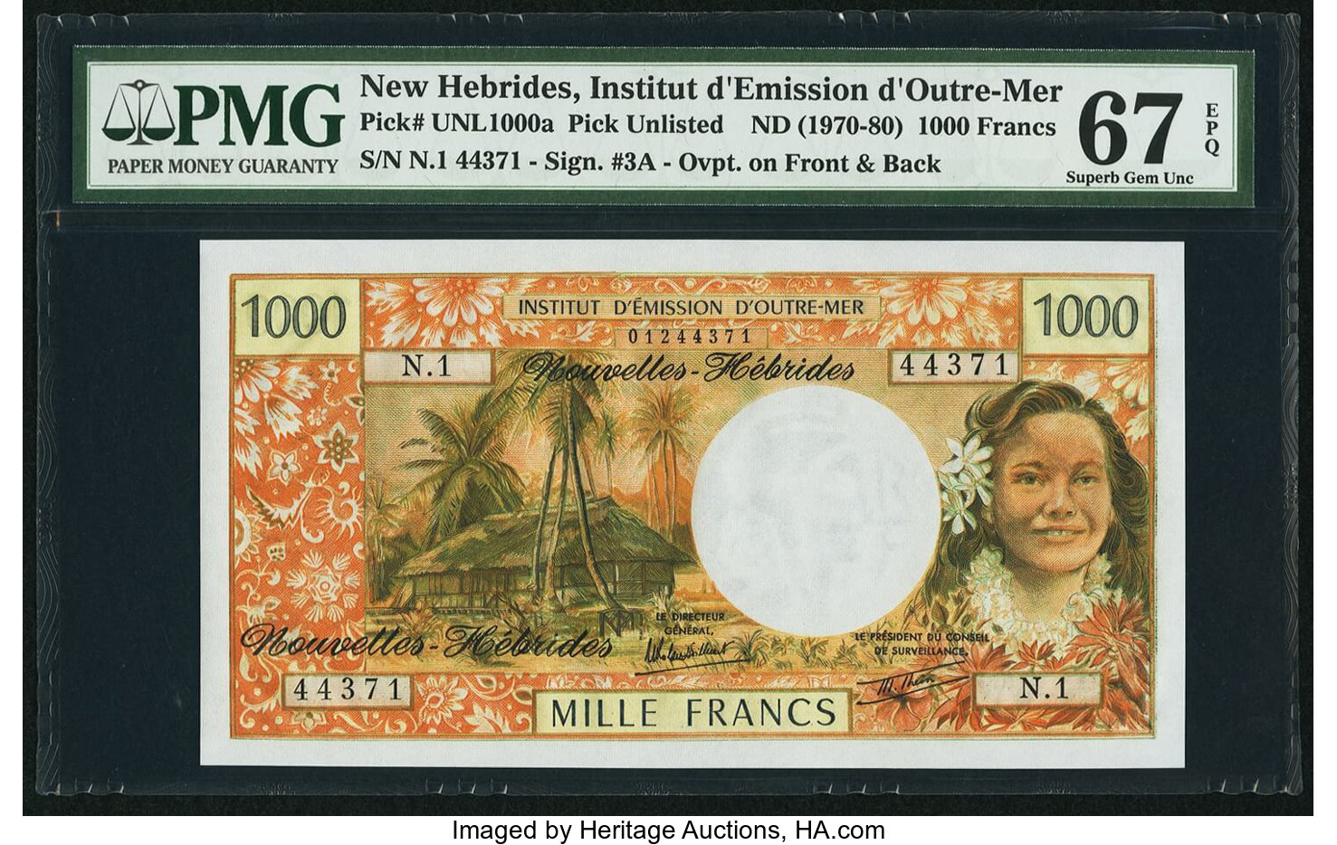 New Hebrides Bank Note, Institut d'Émission d'Outre-Mer, 1,000 