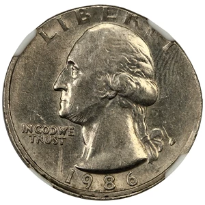 image for: Mint Error: 1986-D 25c NGC AU55 (Struck on 5c Blank)