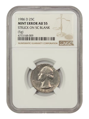 image for: Mint Error: 1986-D 25c NGC AU55 (Struck on 5c Blank)