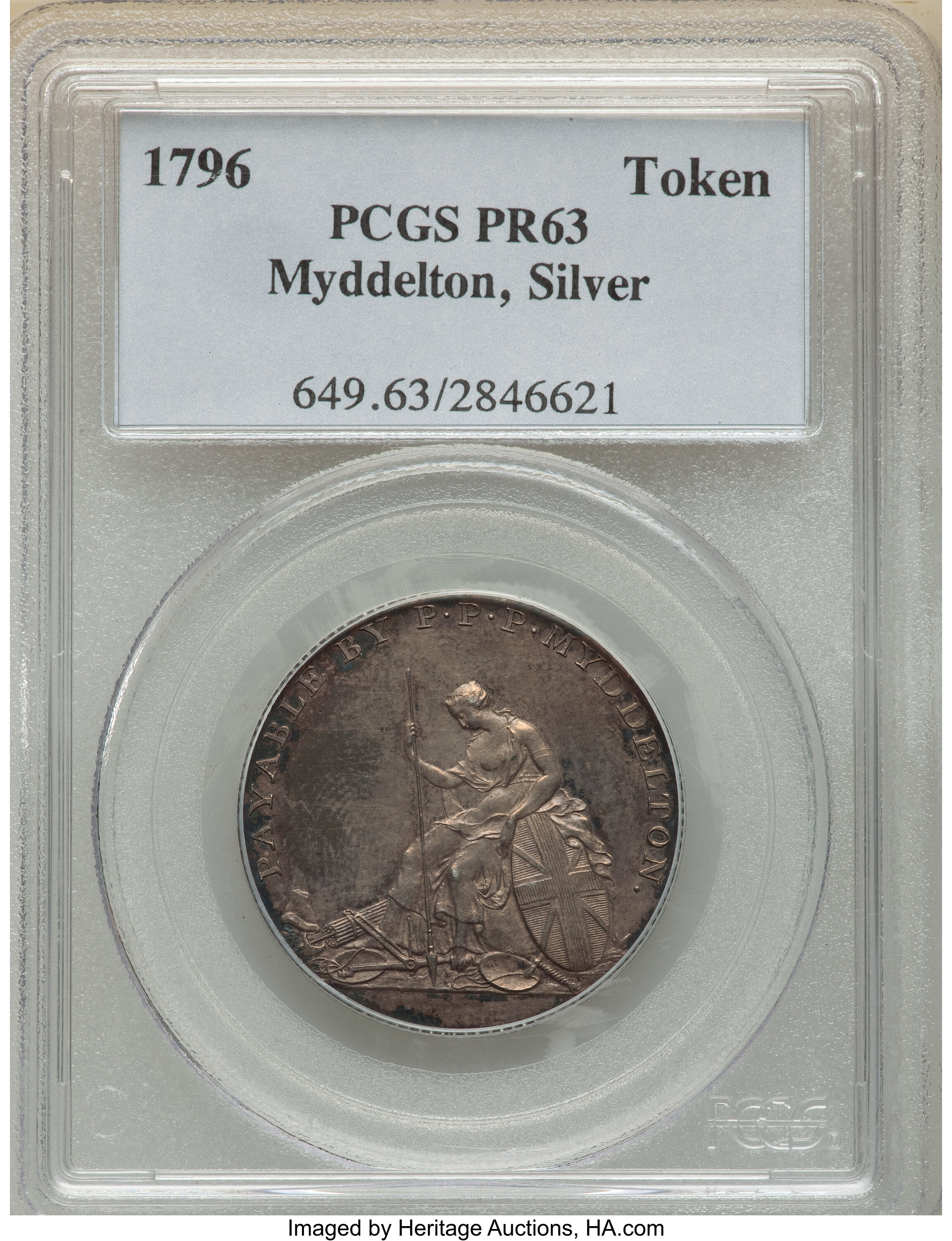 image for: 1796 TOKEN Myddelton Token, Silver, PR63 PCGS. W-8905, R.6....
