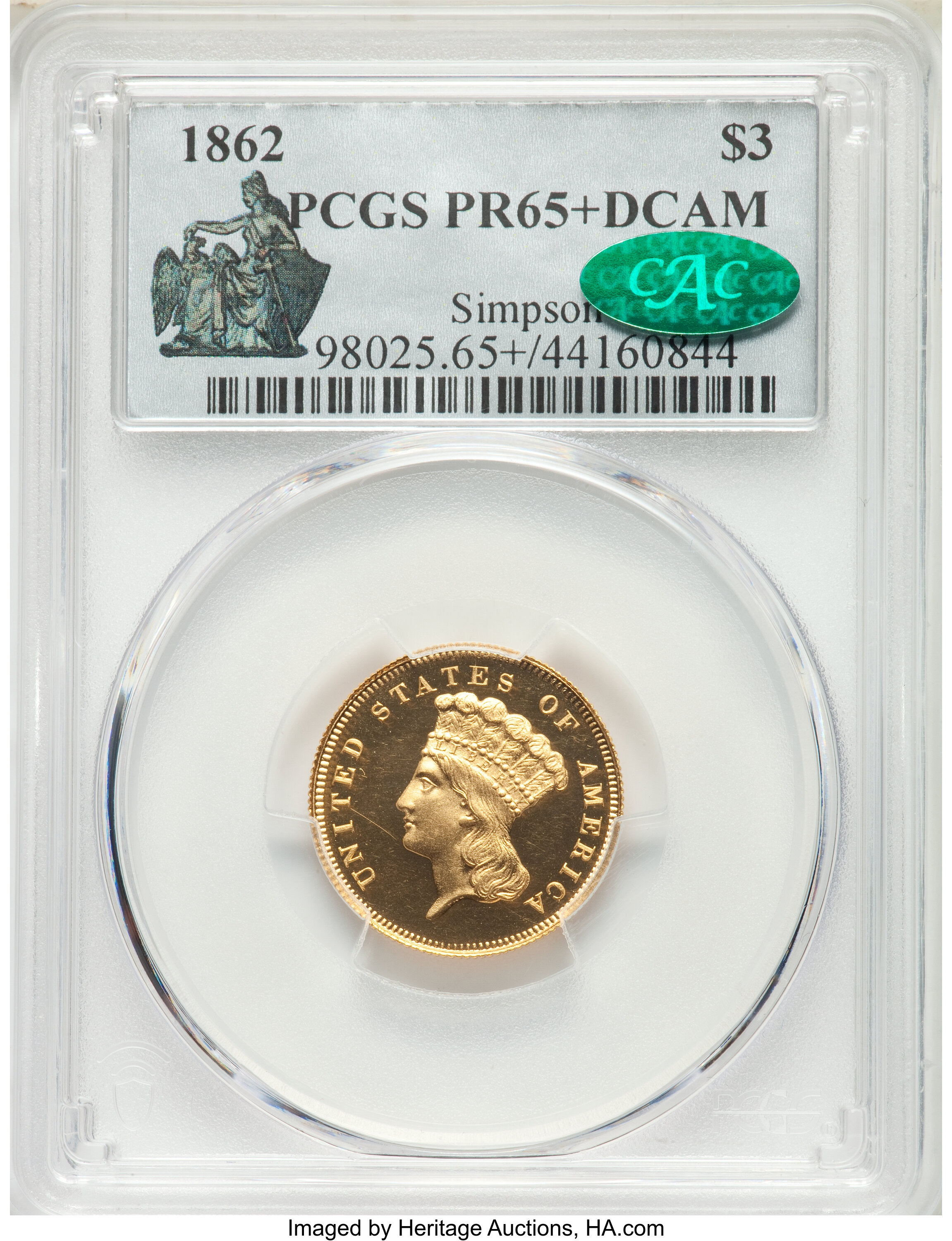 image for: 1862 $3 PR65+ Deep Cameo PCGS. CAC. JD-1, High R.6....